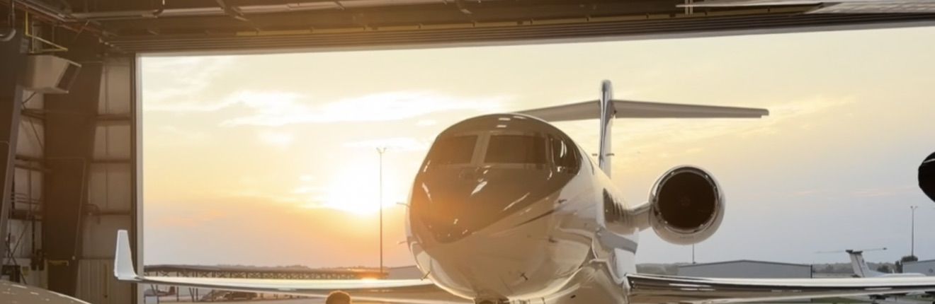 Business jet parked outside an open hangar at sunset
